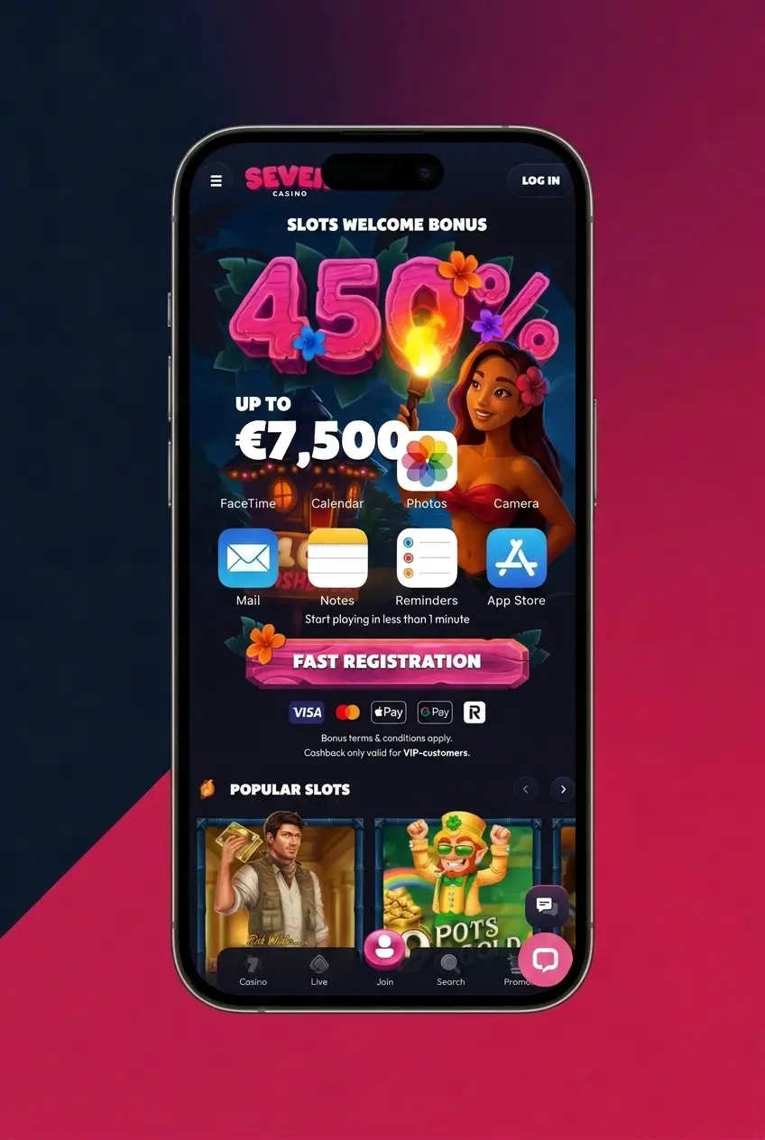 Five-step guide showing how to add Seven Casino PWA to iOS home screen via Safari Share menu