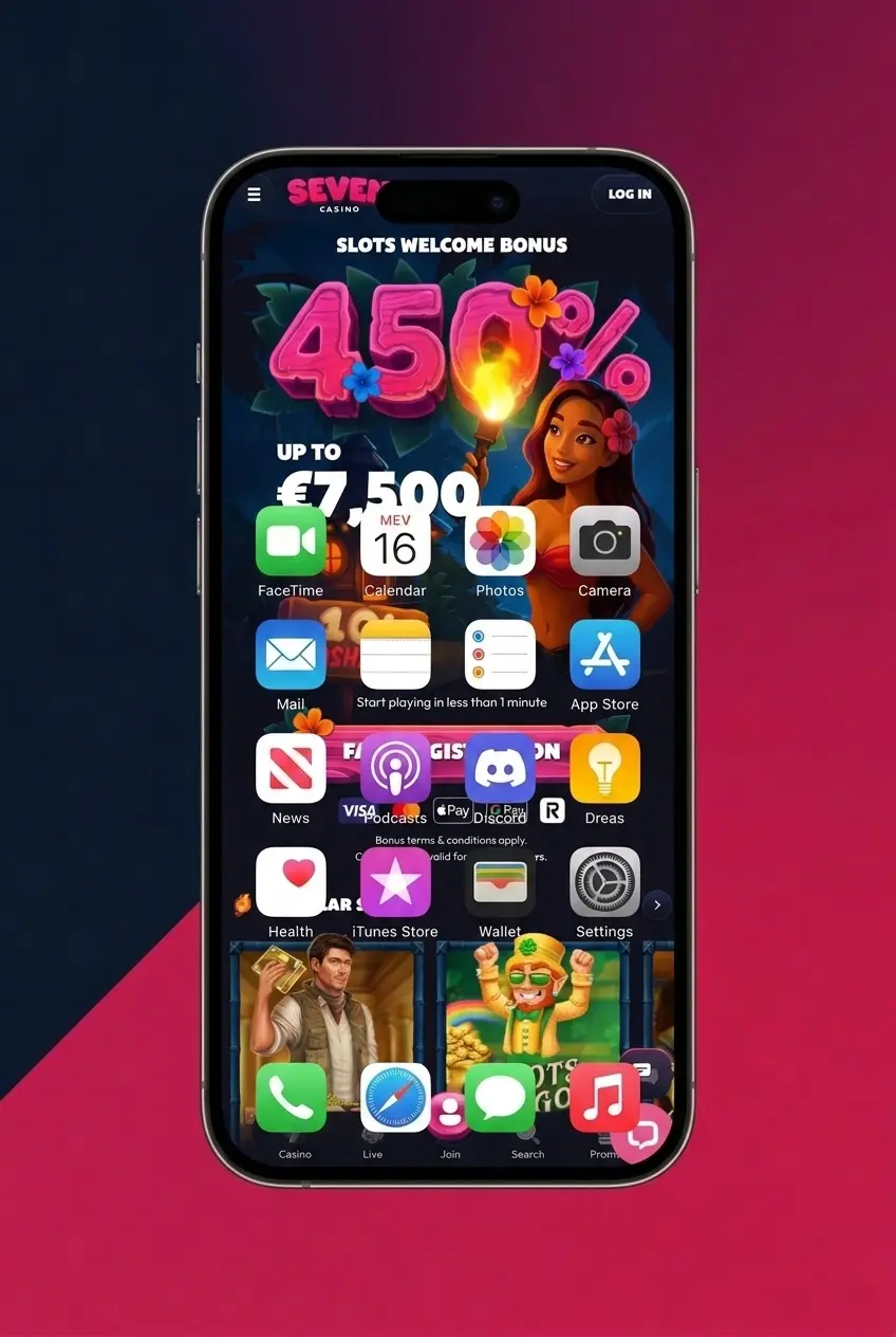 Five-step visual guide to installing Seven Casino PWA on iOS home screen via Safari Share menu