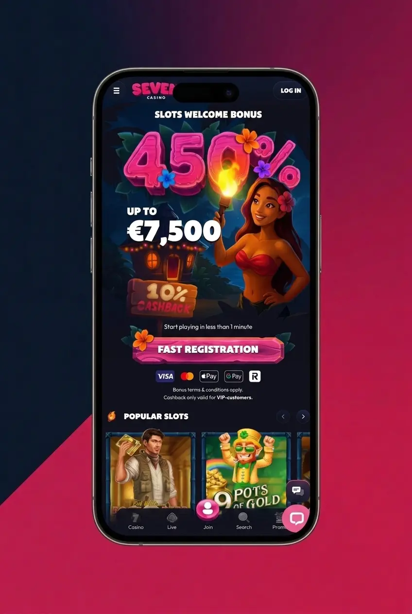Five-step visual guide to adding Seven Casino PWA to iOS home screen via Safari Share menu on iPhone