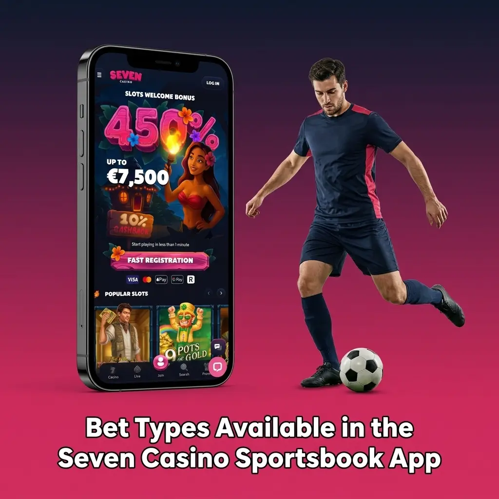 Single, Acca, Treble, System, and Live bet types displayed in the Seven Casino Sportsbook App interface