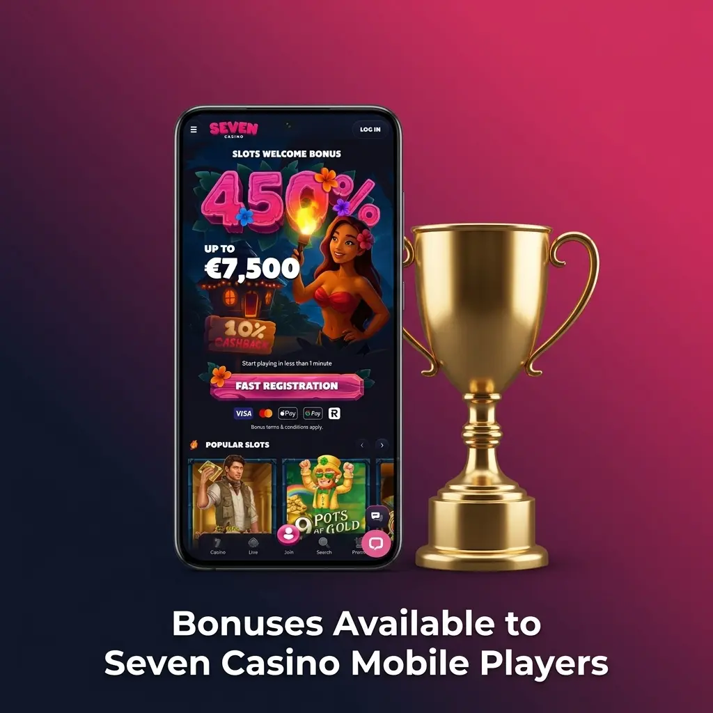 Seven Casino mobile app bonuses including welcome package, reload offers, and cashback promotions for UK players