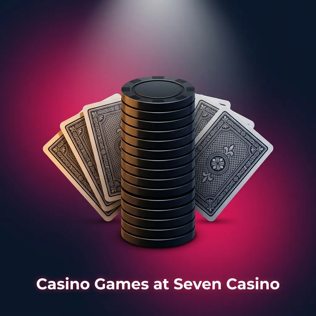 Seven Casino game lobby showing slots, live dealer tables, roulette, blackjack, and instant win titles for UK players