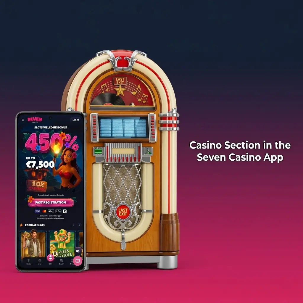 Seven Casino app mobile interface showing casino game sections including slots, live casino, crash games, and jackpot slots