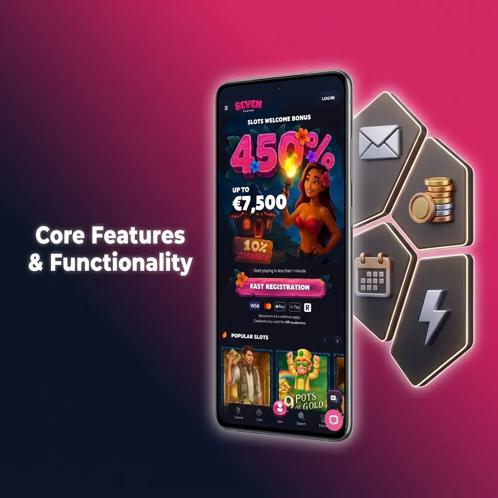 Seven Casino mobile app interface showing sports betting, casino games, live dealer tables, and promotions in one seamless platform