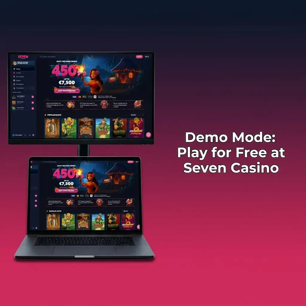Seven Casino demo mode lobby showing free-play slots with virtual credits, no account required for UK players