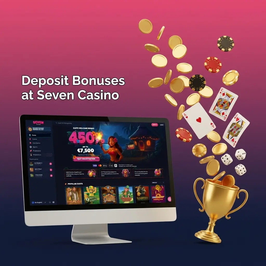 Seven Casino deposit bonus offer for UK players showing welcome bonus details across first three deposits with free spins