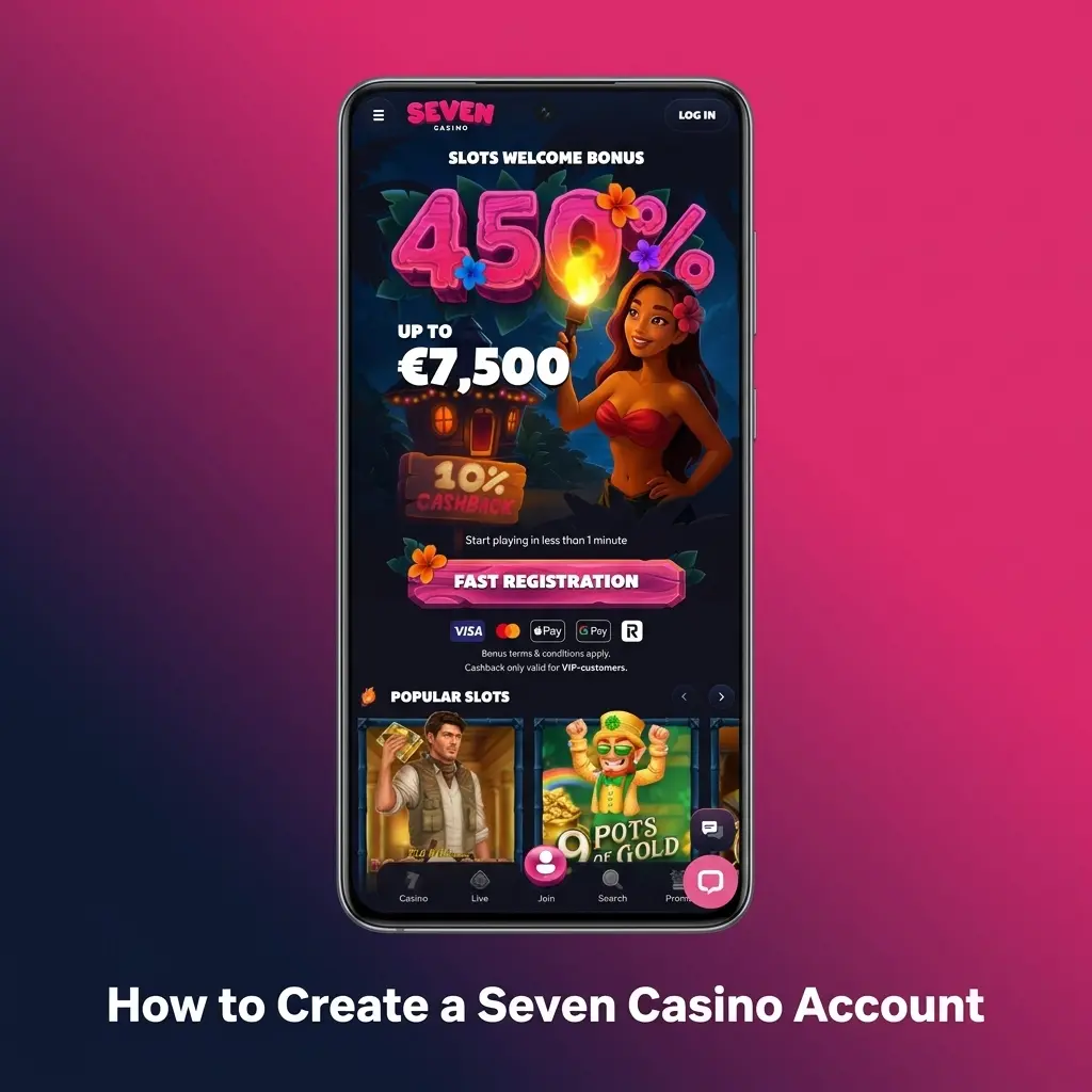 Seven Casino account registration screen showing signup form fields for email, password, and personal details on mobile app