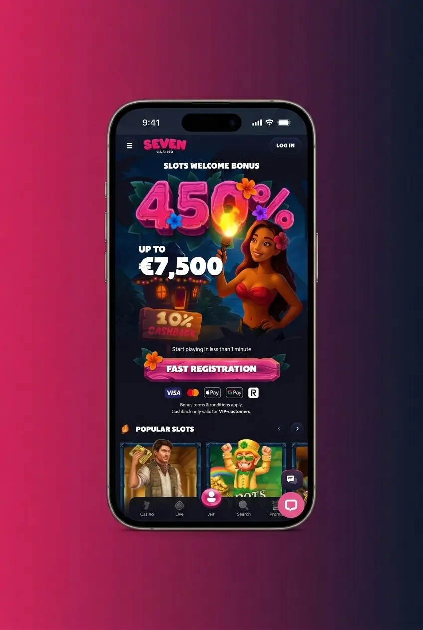 Seven Casino iOS app installation guide showing 4 steps to download via Safari and add to iPhone home screen