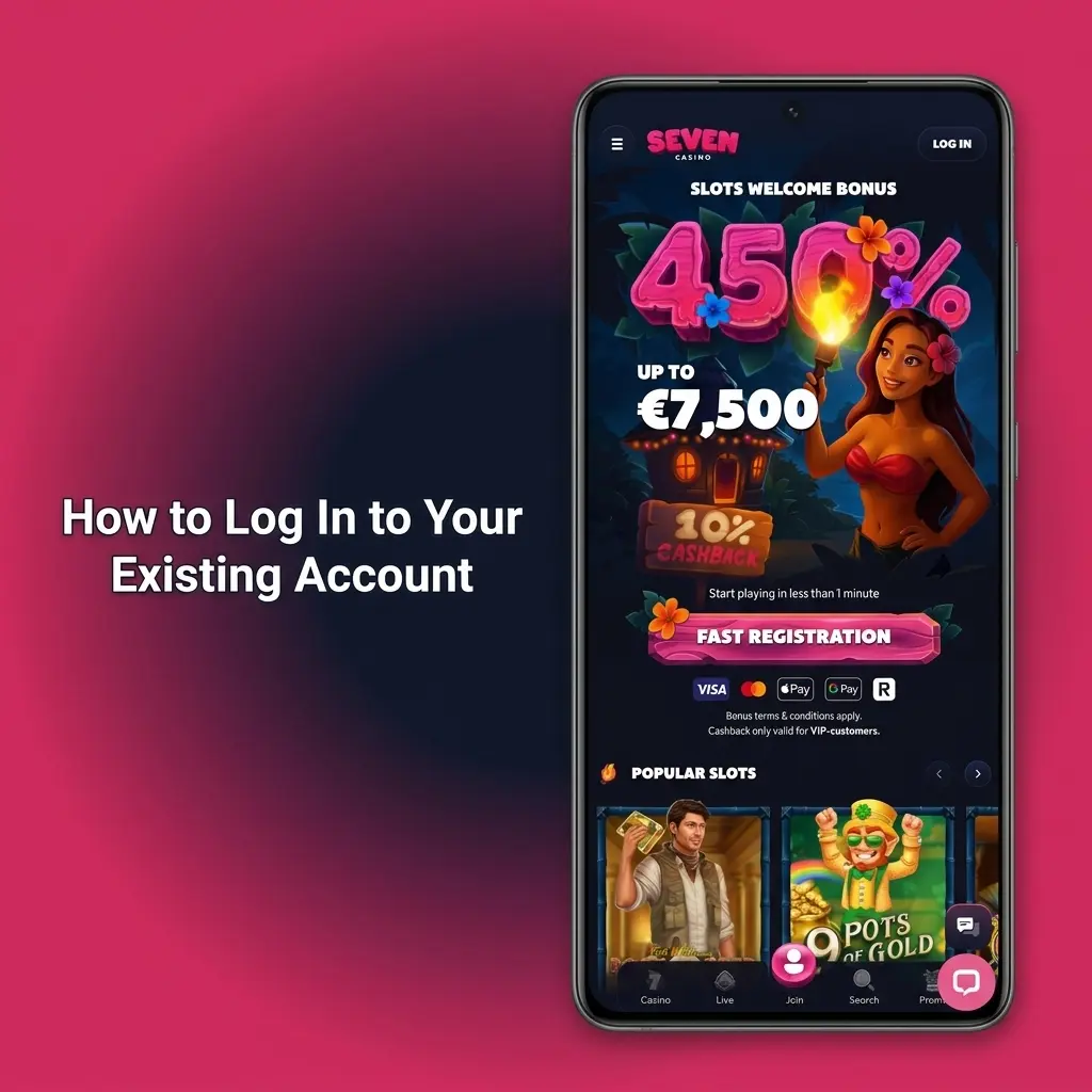 Seven Casino app login screen showing email and password fields with biometric access option for existing account holders