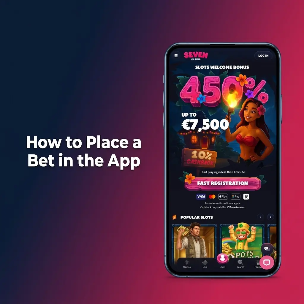 Seven Casino app interface showing step-by-step sports betting process with bet slip and odds selection