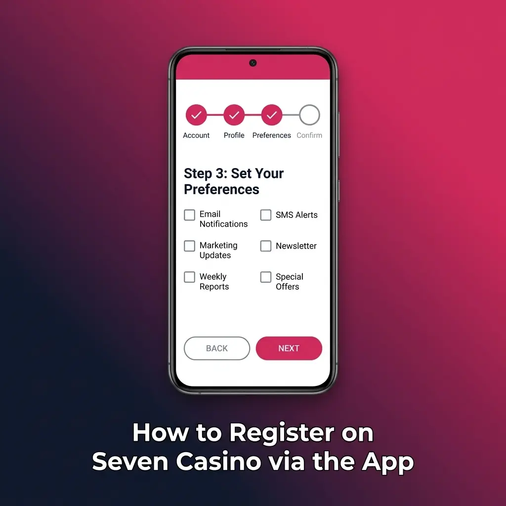 Seven Casino app registration screen showing sign-up steps for UK players to create an account and access the welcome bonus
