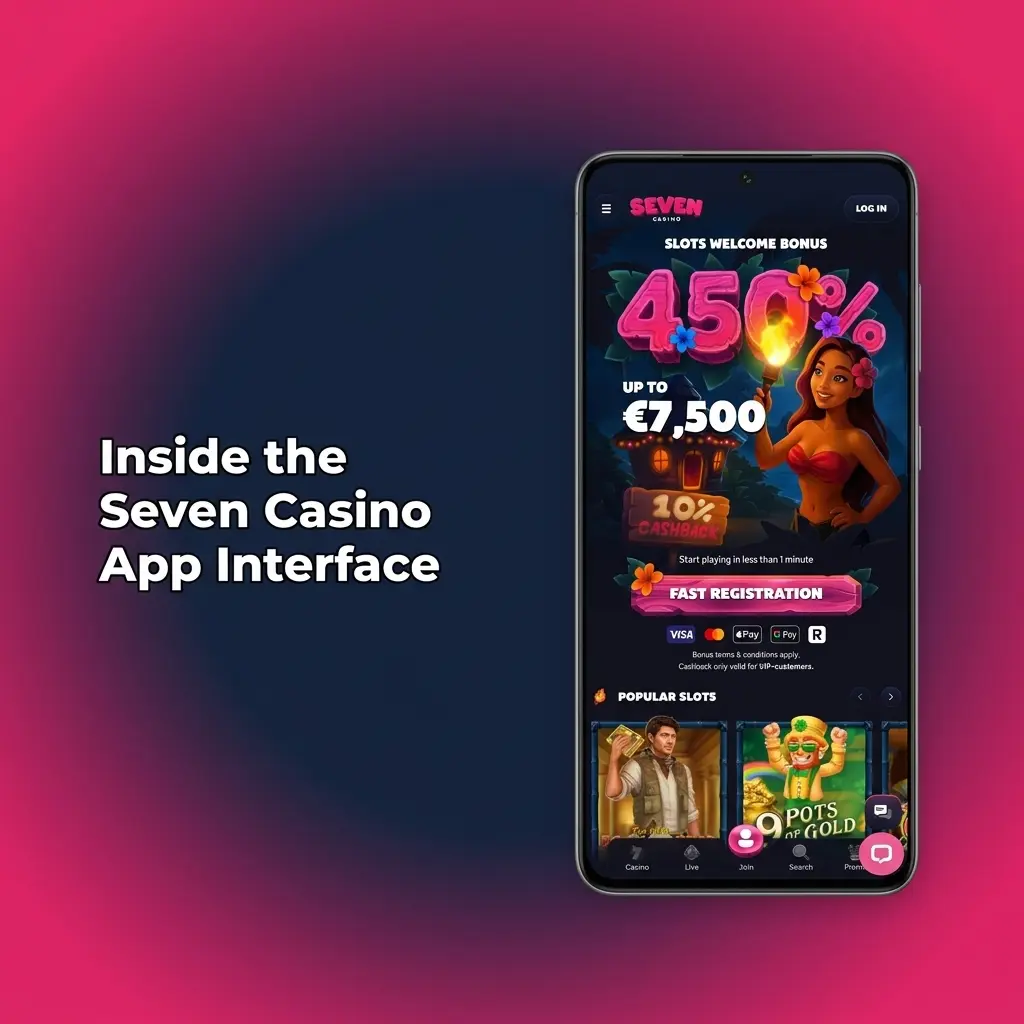 Dark-themed Seven Casino mobile app interface showing casino games, sports betting sections, and bottom navigation bar optimized for one-handed use