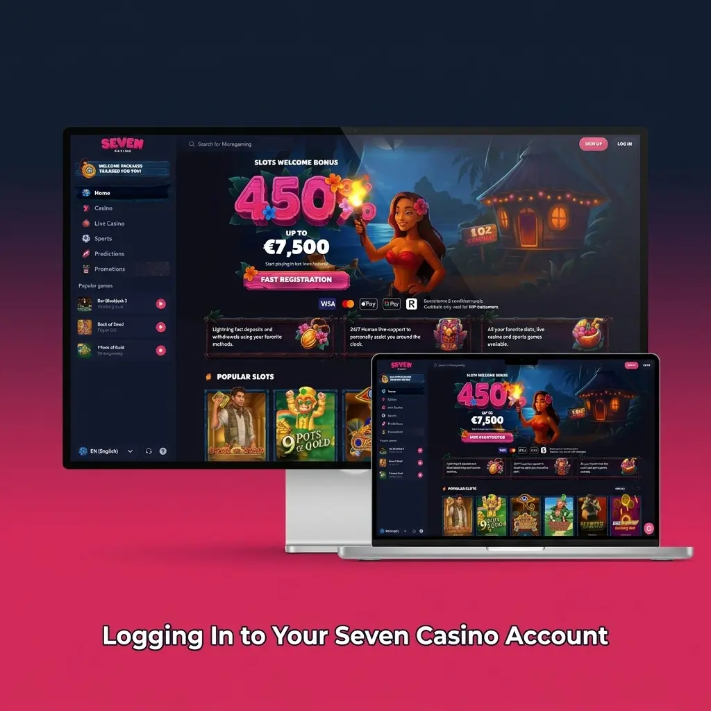 Seven Casino login page with email and password fields for accessing account dashboard and bonuses