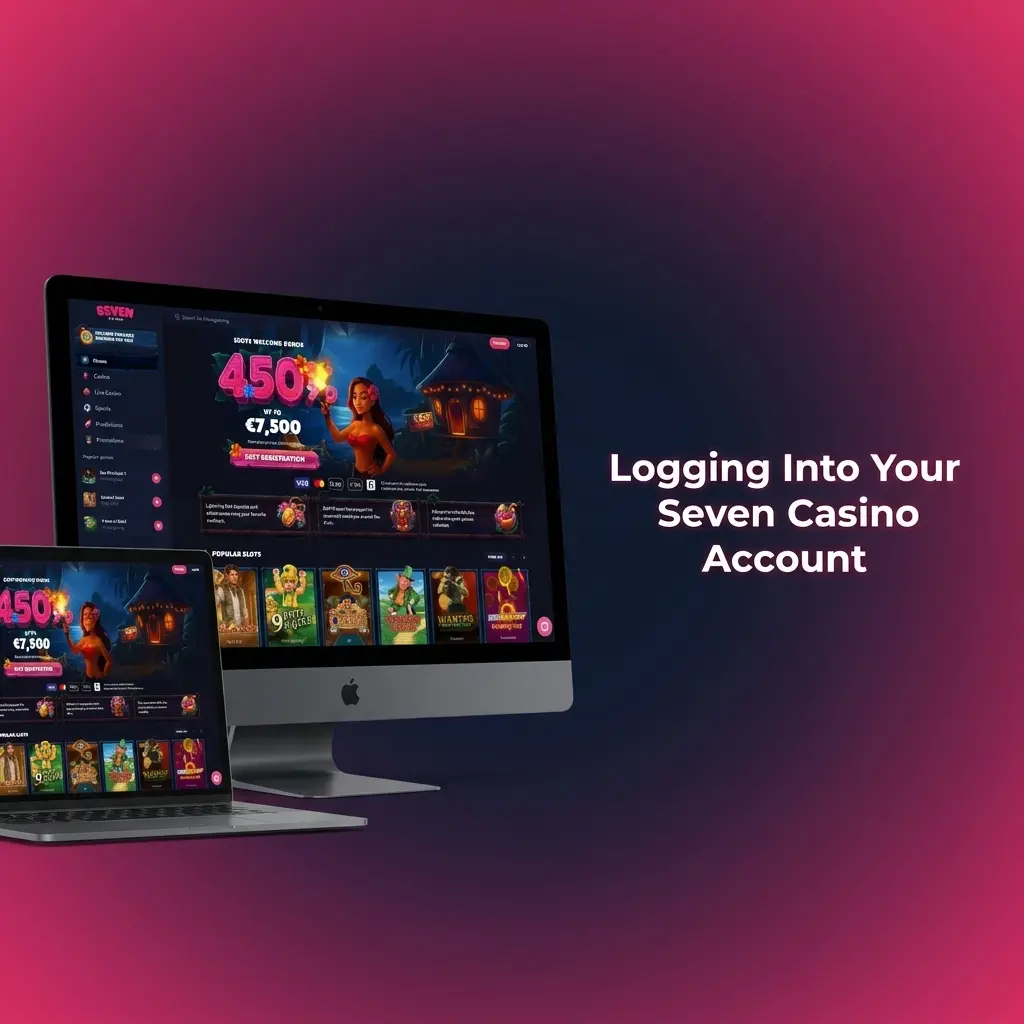 Seven Casino login page showing account dashboard with funds management, bonus tracker, and security settings