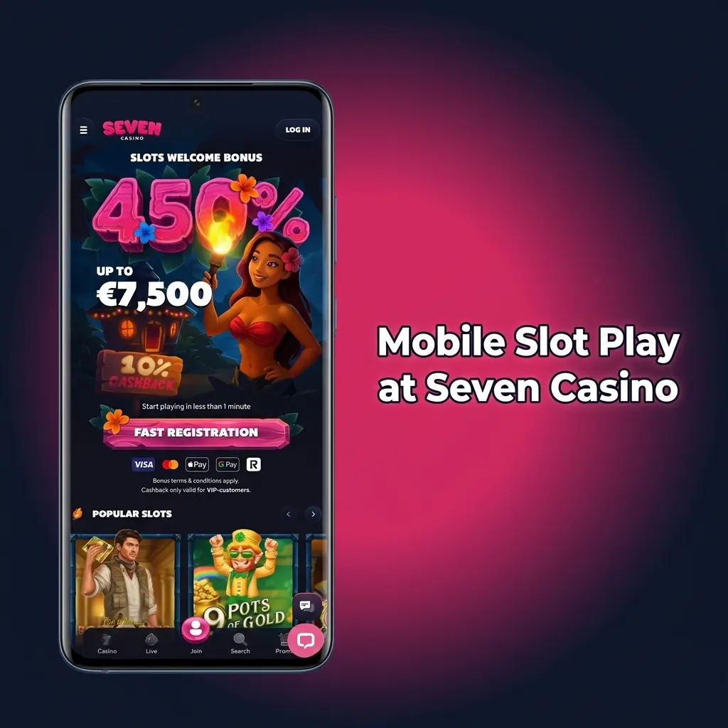 Mobile slot play at Seven Casino on iOS and Android, showing PWA shortcut, lobby navigation, and full-screen gameplay