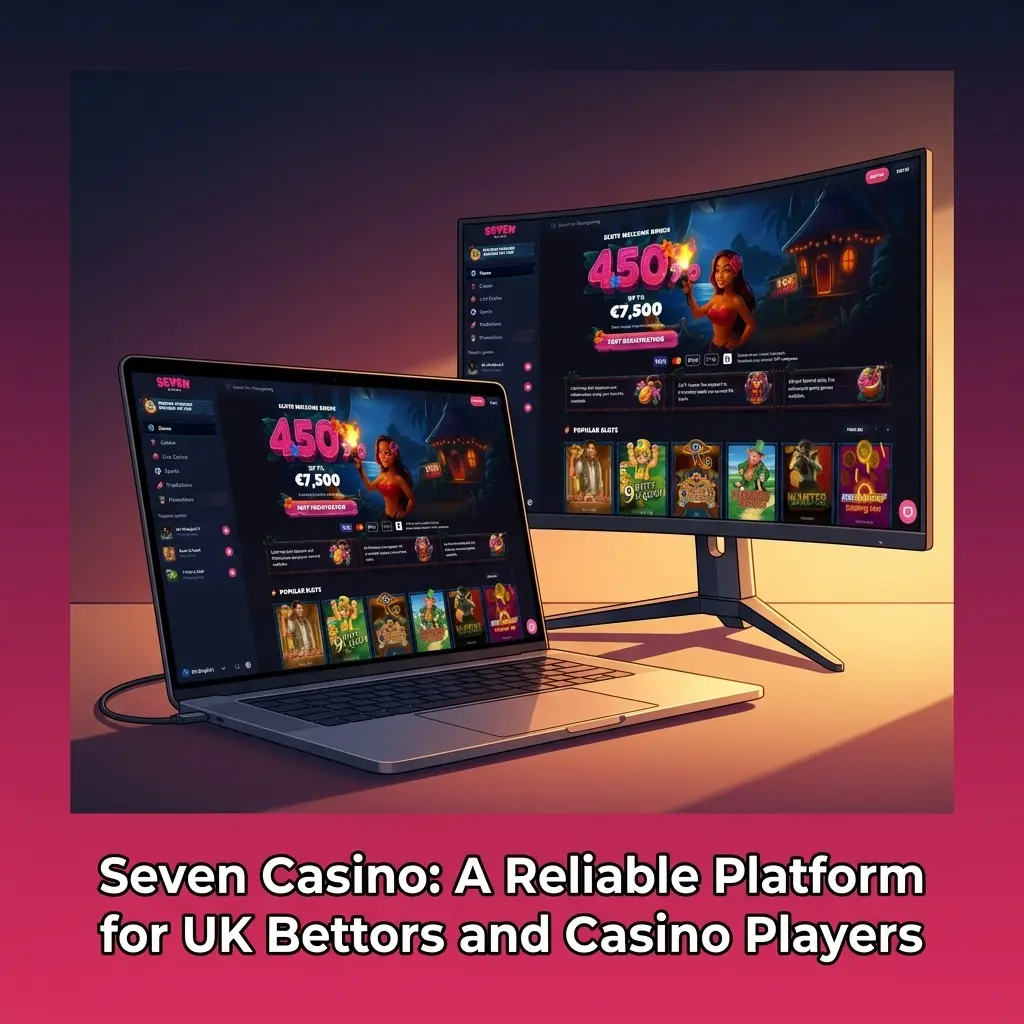 Seven Casino platform showing sportsbook and casino games for UK bettors on mobile and desktop devices