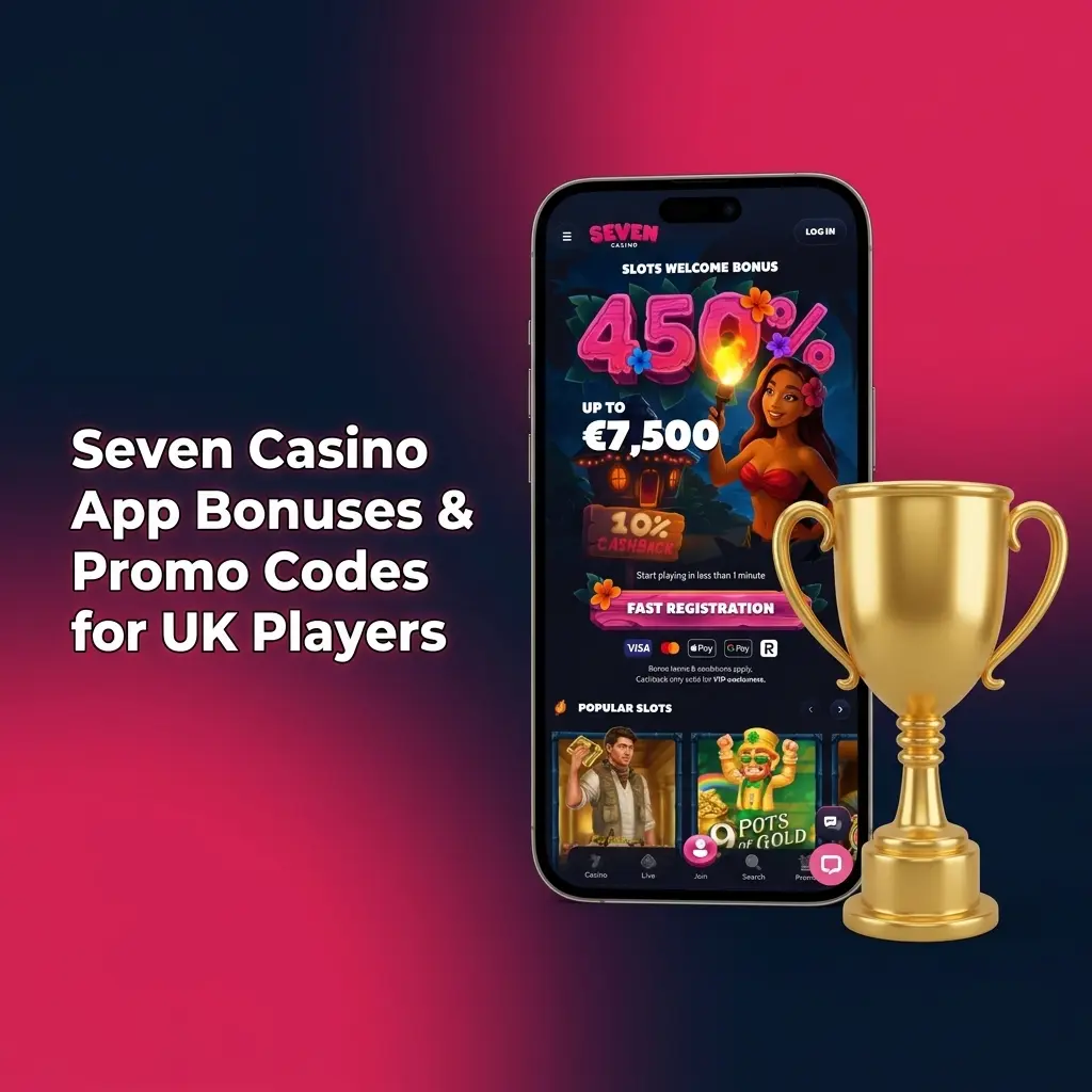Seven Casino mobile app welcome bonus showing 450% up to EUR 7,500 across four deposits for UK players