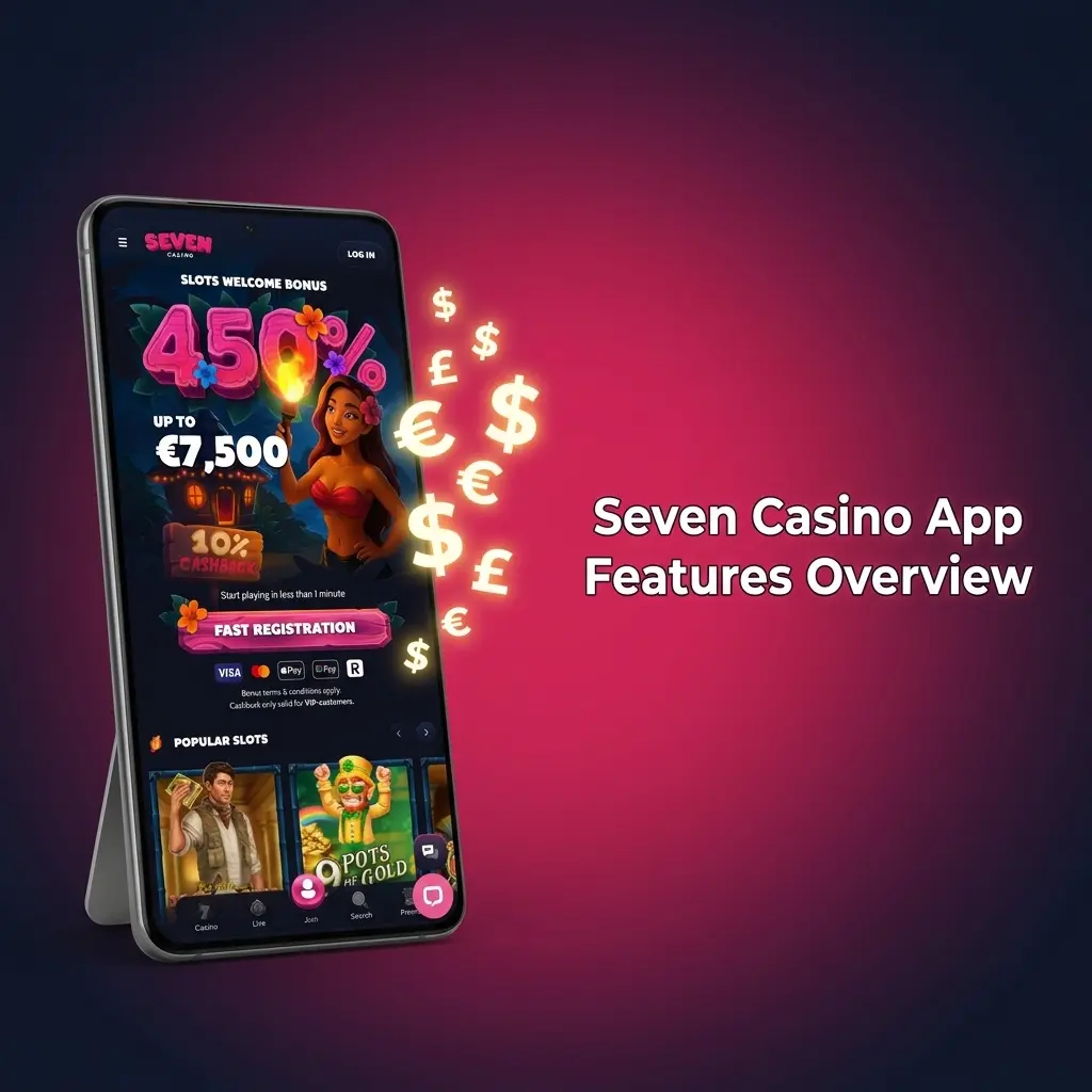Seven Casino mobile app interface showing sportsbook, live casino, slots, and account management features