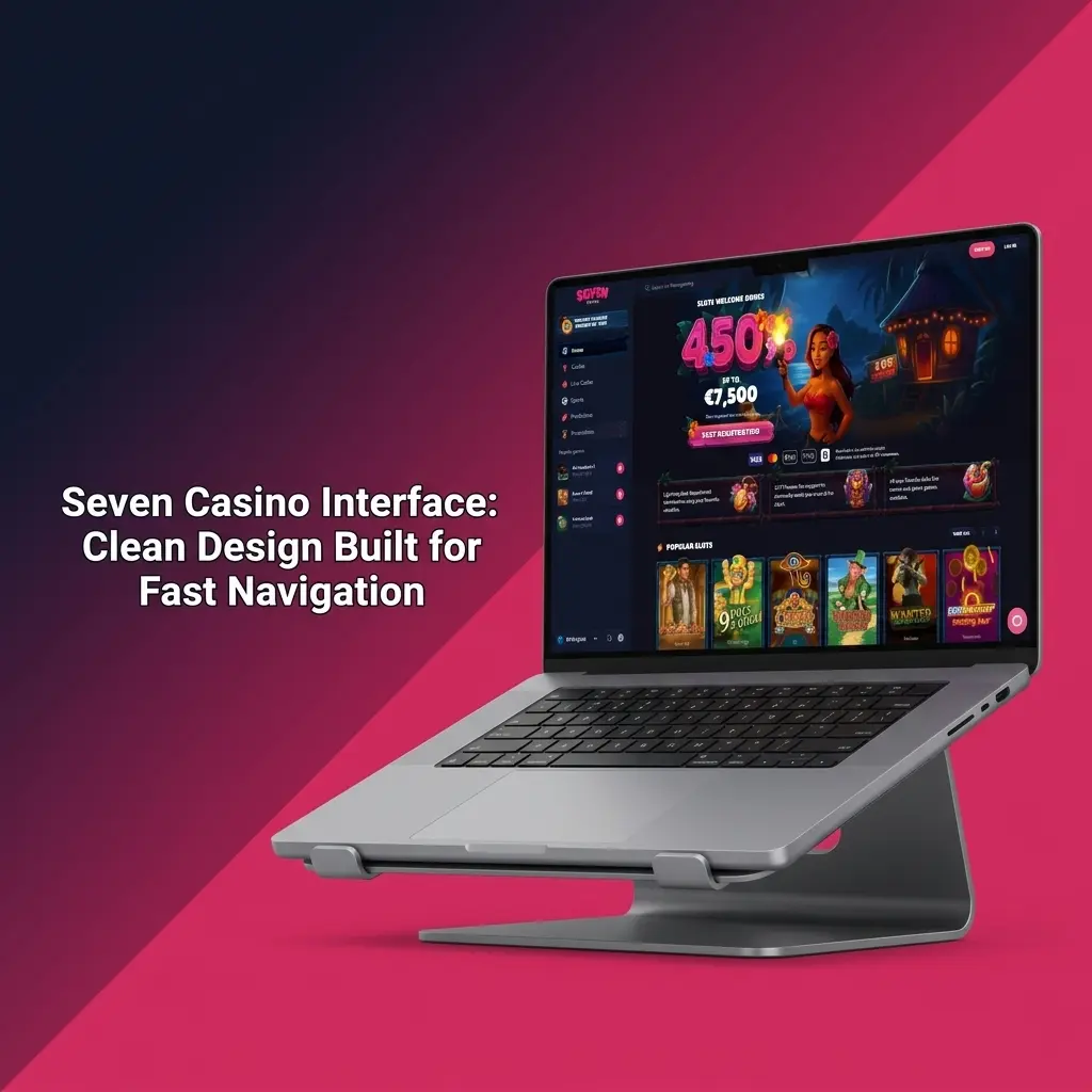 Seven Casino dark-themed interface with gold accents showing main navigation bar for sports, casino, and promotions sections
