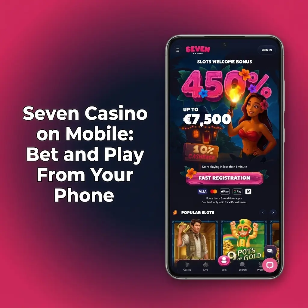 Seven Casino mobile app on Android and iOS showing sports betting and casino games accessible from phone