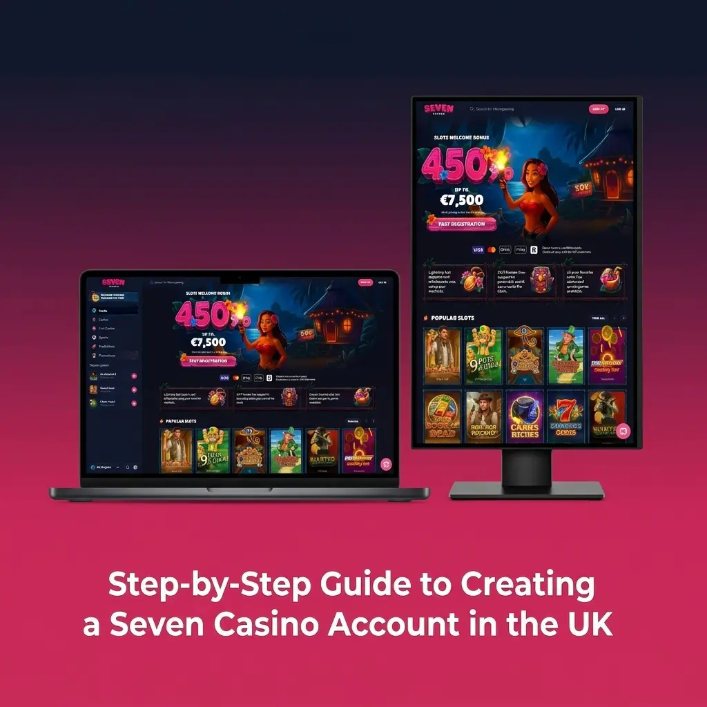 Step-by-step Seven Casino UK account registration guide showing form fields for email, password, currency, and personal details