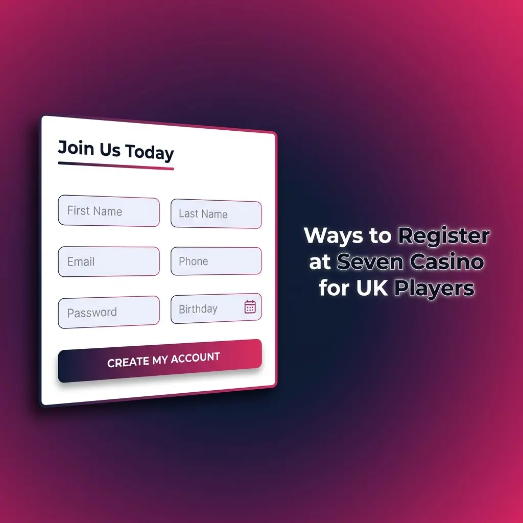 Seven Casino UK registration methods including email, quick signup, social media, and mobile PWA options for new players