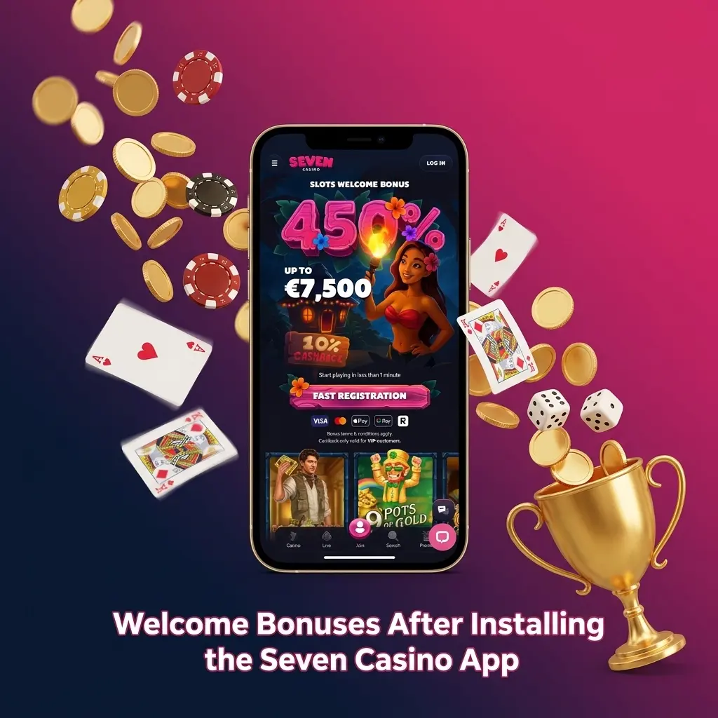 Seven Casino app welcome bonuses showing 450% up to 7500 EUR across four deposits for new UK players
